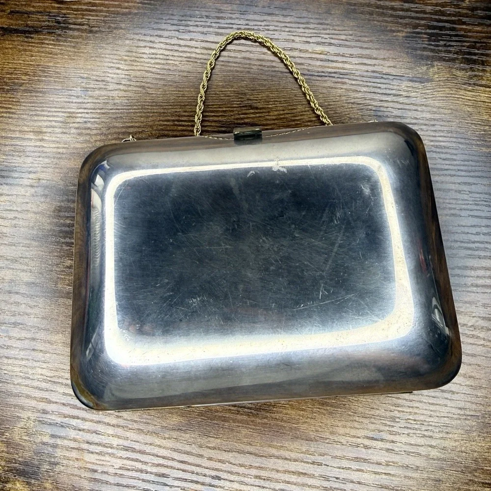 Vintage Silver Tone Floral Metal Clutch Purse Gold Chain Red Velvet Lined